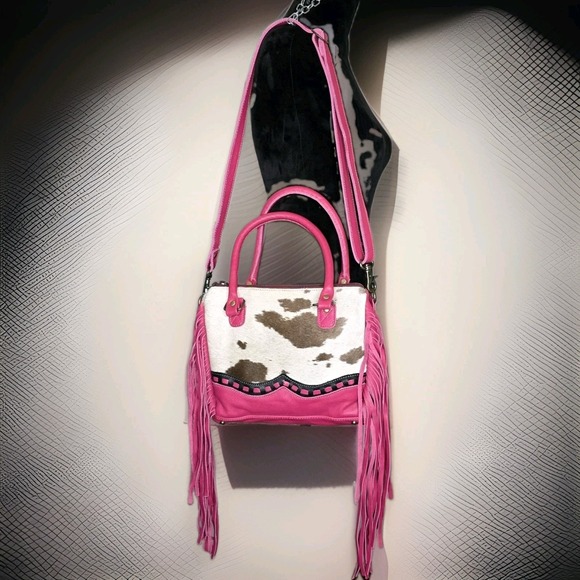 Myra Bag Handbags - Myra Bag Western Cowhide Leather Fringe Concealed Carry Handbag Pink Letterstone